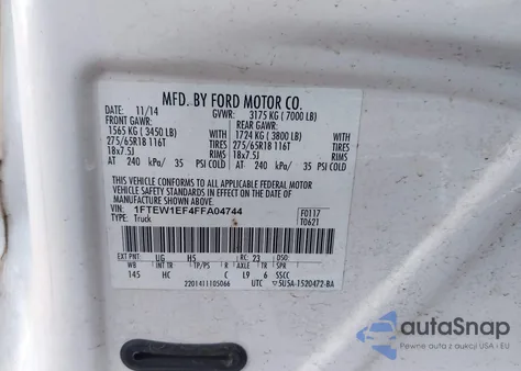 2015 Ford F-150 Lariat from USA, damaged, VIN 1FTEW1EF4FFA04744